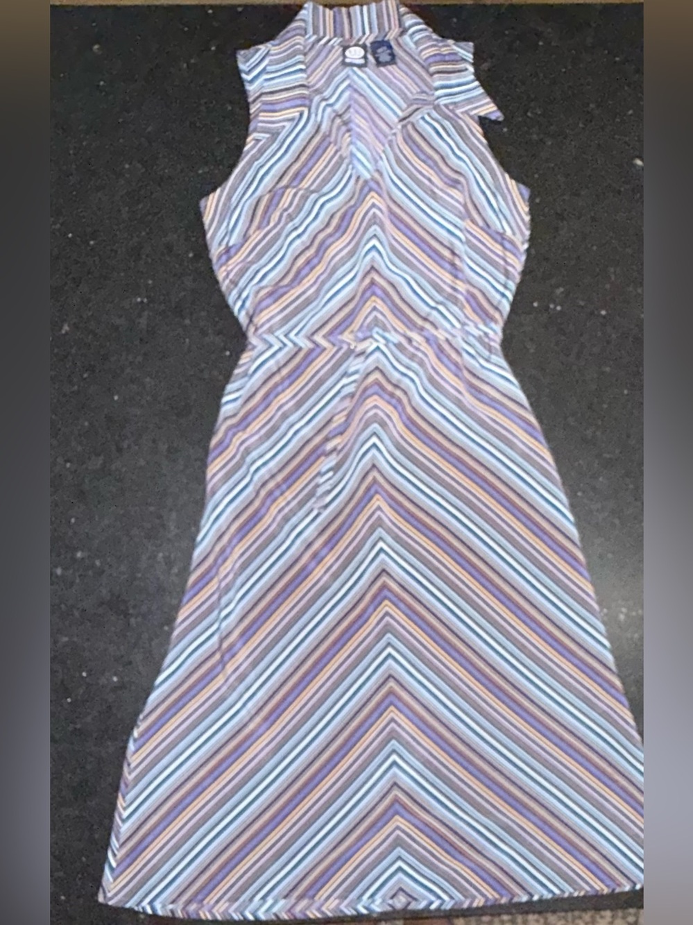 UEC RUE21 Y2K Blue Purple Striped Knee Length Dress Deep V Neck Collared SZ 11